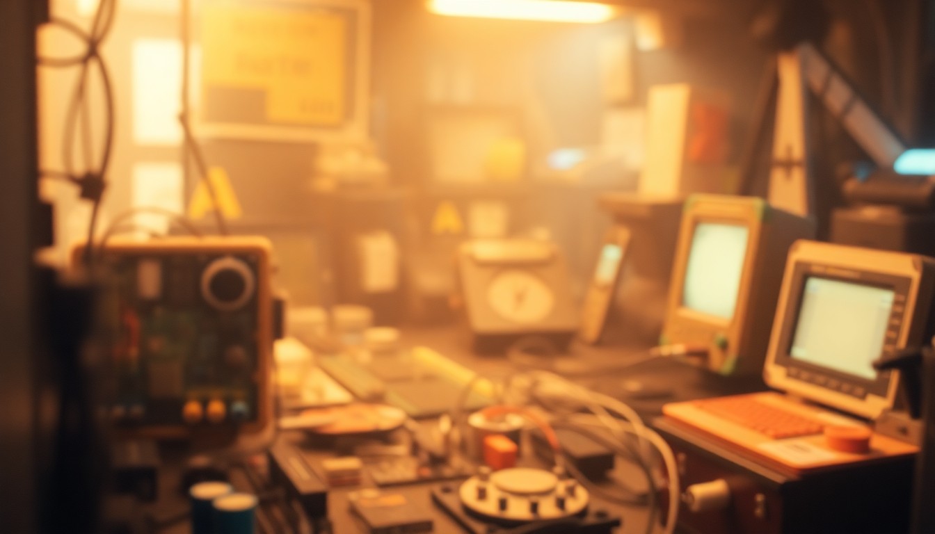 An abstract, out-of-focus photograph in warm, muted tones depicting various engineering tools and equipment blurred together in a hazy, atmospheric composition, conceptually representing the historic appointment of a woman as dean of an engineering school.