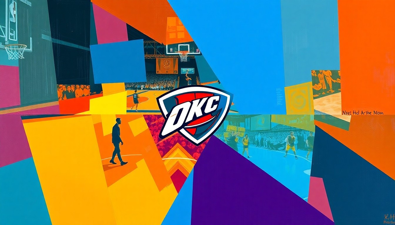 A cubist, geometric painting depicting a fragmented basketball game, with sharp planes of the Thunder's team colors of blue, orange, and white overlapping to create a dynamic, abstract composition.