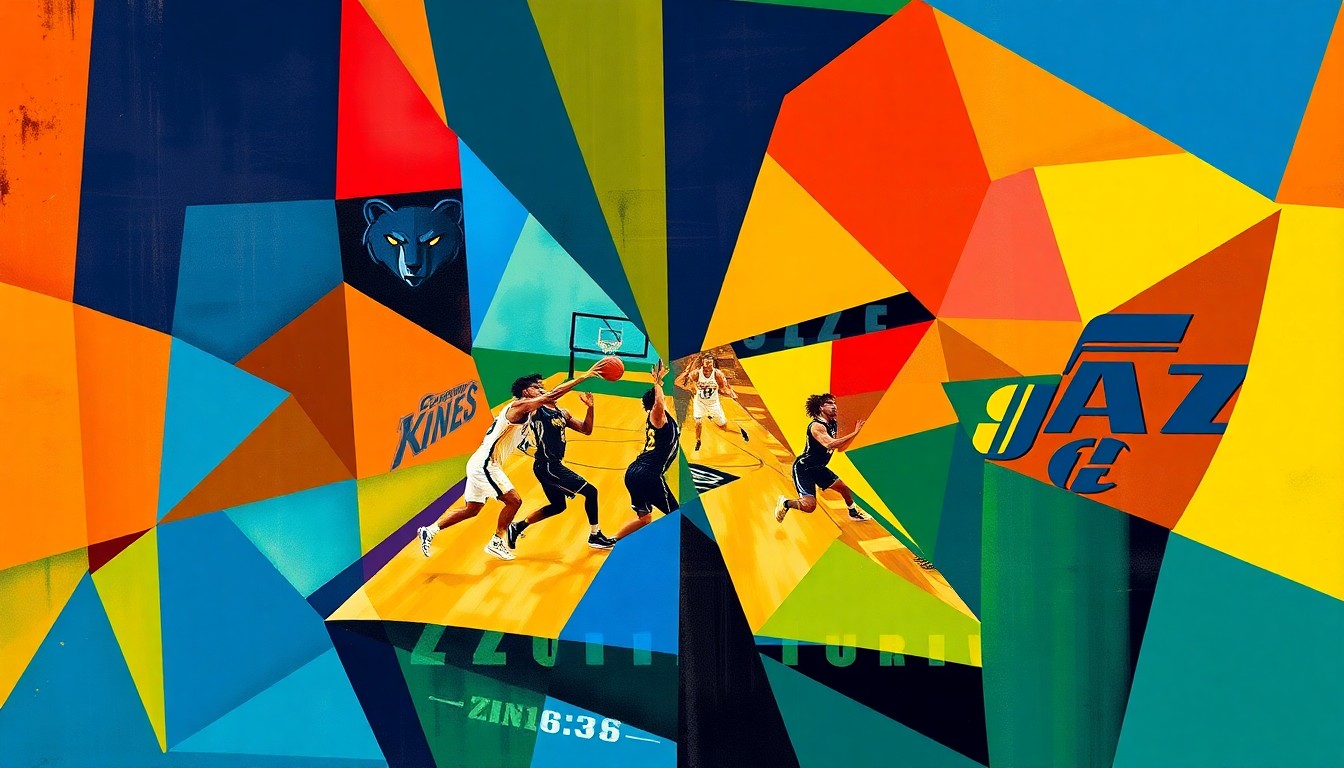 A visually striking, cubist-style painting depicting a basketball game between the Memphis Grizzlies and Utah Jazz, with the players and action broken down into sharp, overlapping geometric shapes and planes of vibrant team colors.