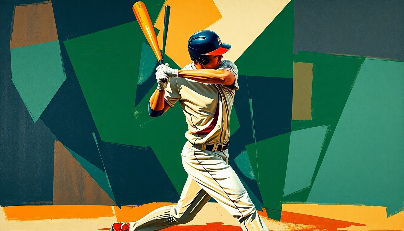 A cubist, geometric painting depicting a baseball player's batting stance and swing broken down into sharp, overlapping planes of navy, forest green, and burnt orange, conveying the energy and tension of a crucial late-game at-bat.