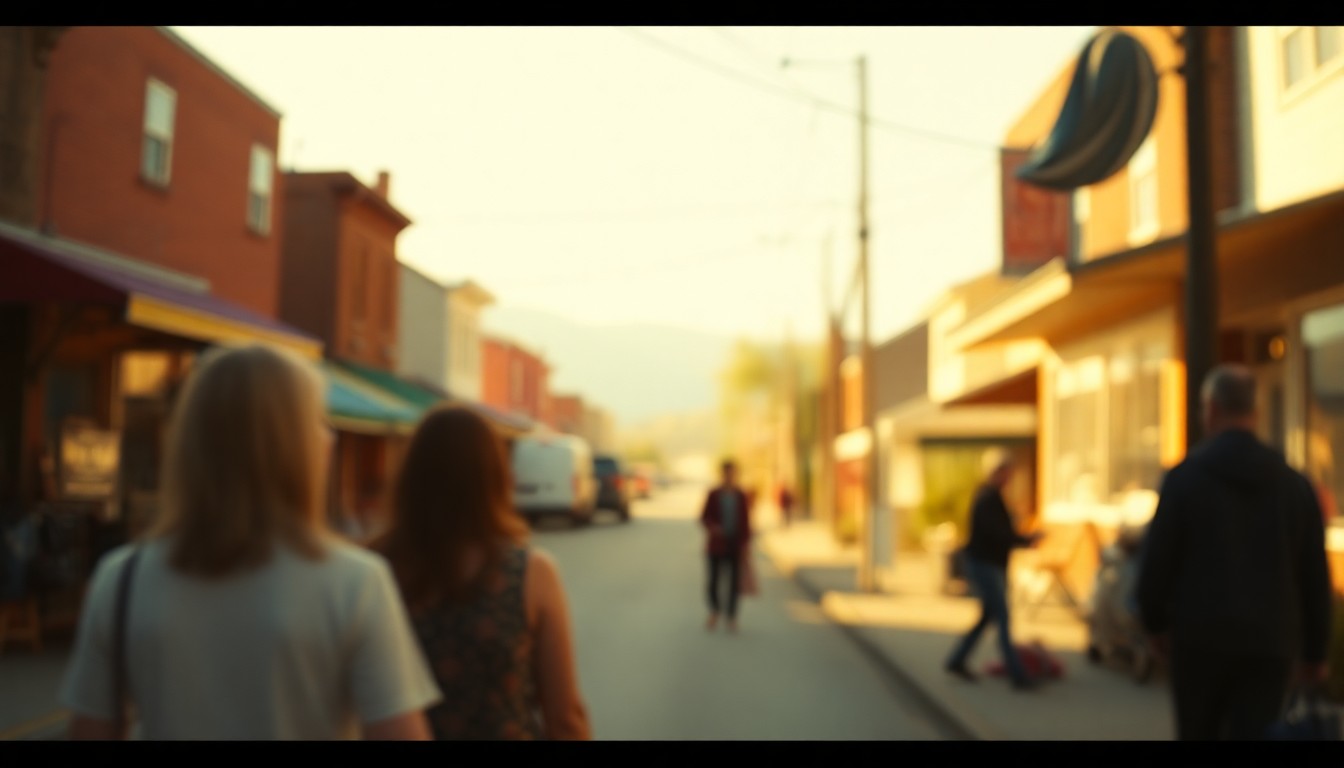 An extremely abstracted, out-of-focus photograph in warm tones, depicting a blurred small-town scene with indistinct figures, conceptually representing the close-knit community that Spencer Acree was a part of.