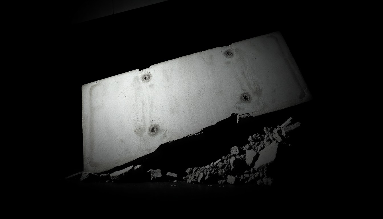 An extreme close-up photograph of a collapsed concrete slab from the parking garage, with dramatic shadows and harsh lighting creating a stark, gritty, investigative aesthetic.