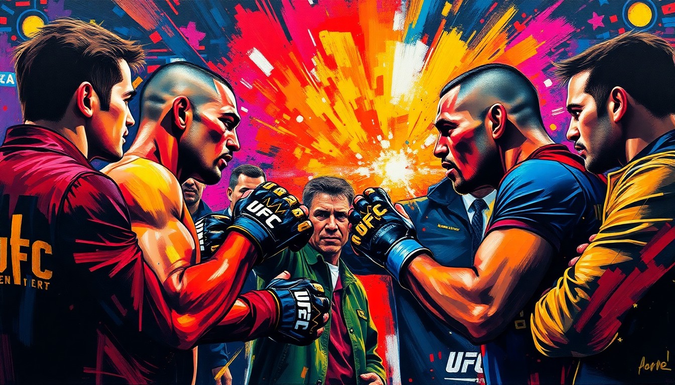 An abstract, expressionist painting in neon colors depicting the intense physical energy and confrontation between two UFC fighters during a pre-fight press conference.