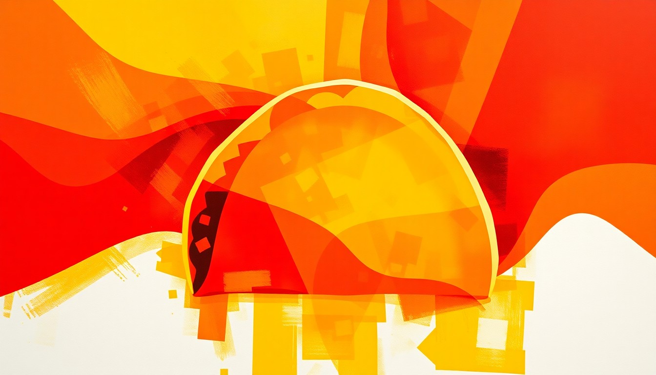 An abstract, heavily textured painting featuring overlapping, geometric shapes in shades of orange, red, and yellow, conceptually representing the worldwide spread and transformation of a political meme.