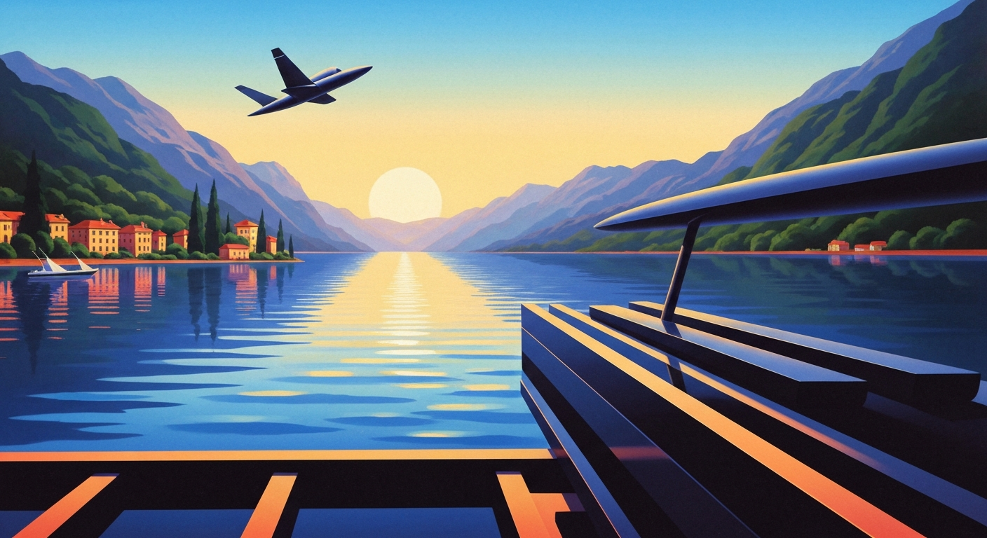 A highly stylized, geometric landscape illustration depicting a sweeping, forced perspective view of a large lake surrounded by rolling hills, with smooth airbrushed gradients in shades of blue, green, and orange, conveying the grand scale and natural beauty of the setting.