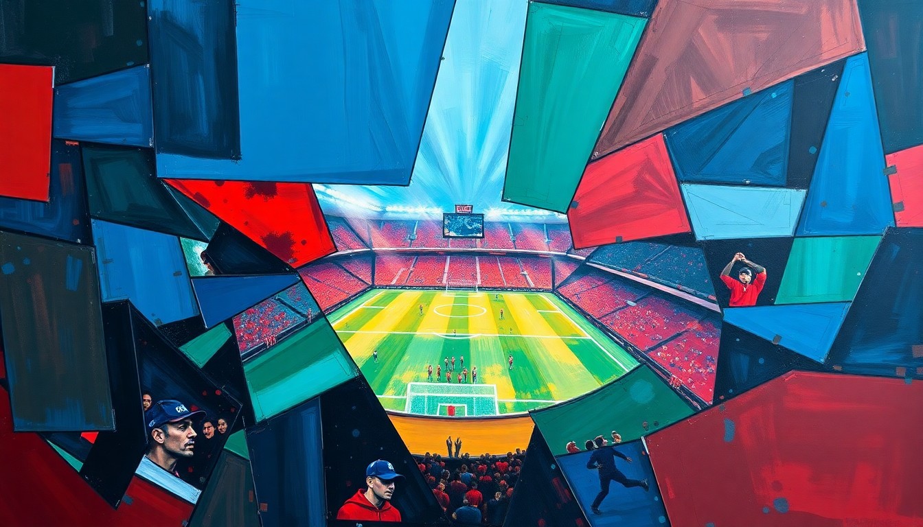 A fragmented, geometric painting depicting overlapping planes of color and shape, representing the nuanced dynamics between a sports reporter and a coach as they interact away from the field.