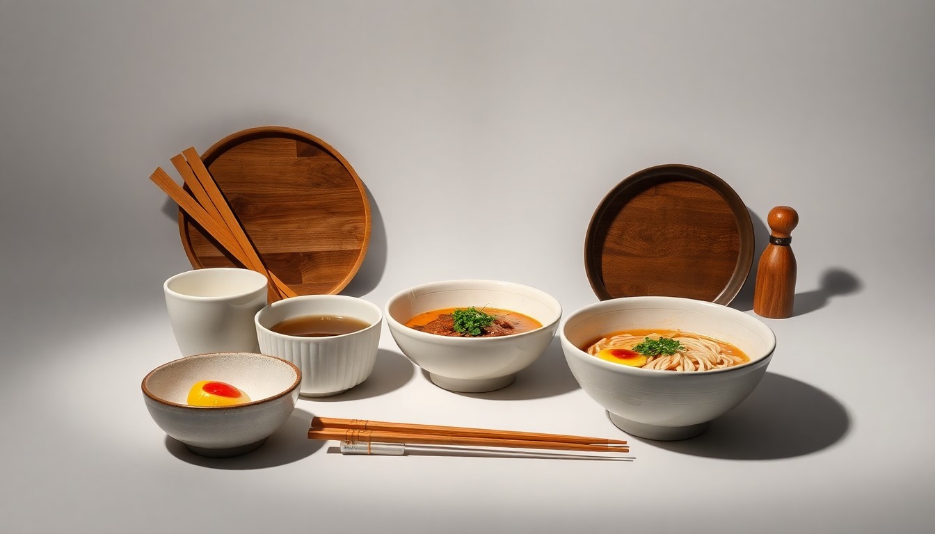 A high-end, photorealistic studio still-life photograph featuring a carefully arranged composition of premium ramen bowls, chopsticks, and other Japanese-inspired tableware on a clean, monochromatic background, conceptually representing the craftsmanship and attention to detail in JINYA's ramen dishes.