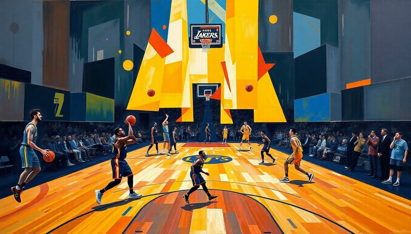 A cubist, geometric painting depicting the final moments of a close basketball game, with fragmented players, basketballs, and court lines overlapping in a dynamic, abstract composition.