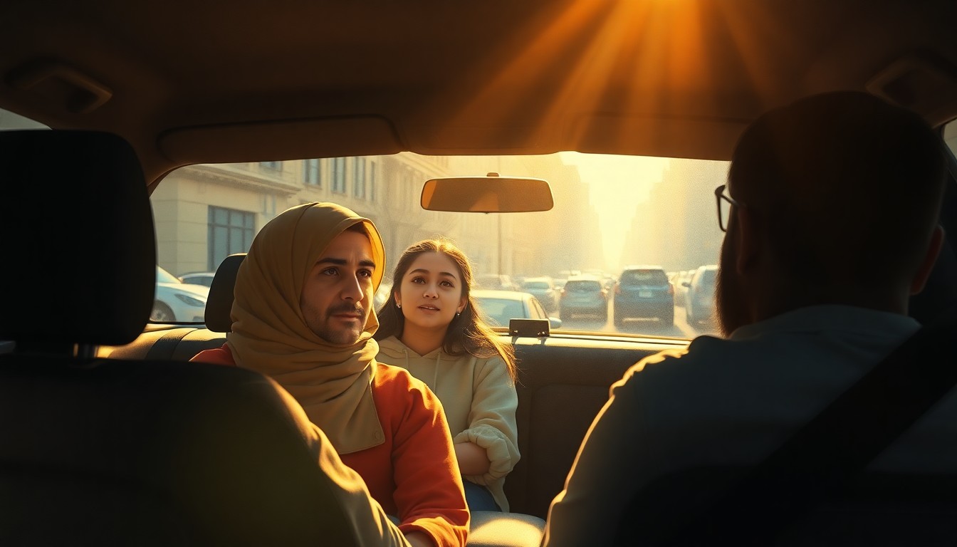 A cinematic painting of an Iranian American family sitting in a parked car on a city street, the warm sunlight and deep shadows creating a sense of quiet contemplation and unease.