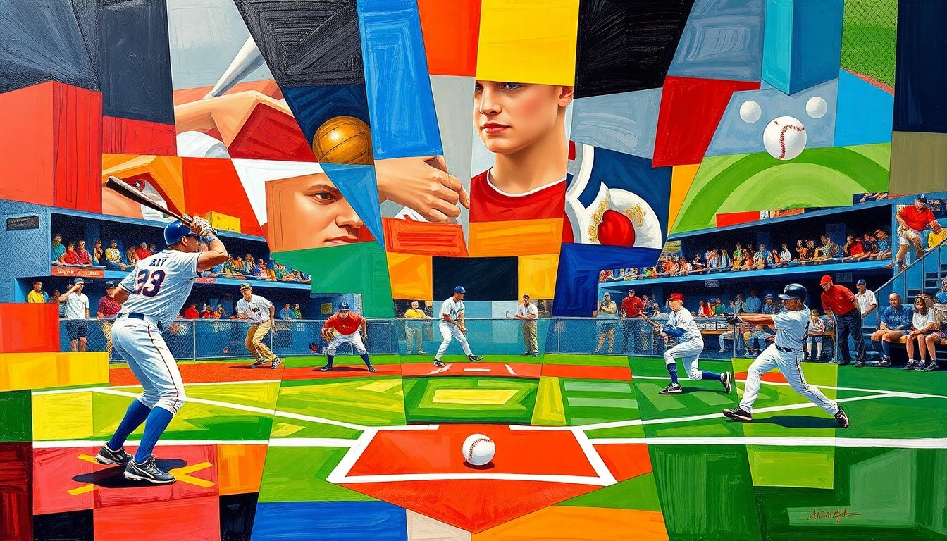 A fragmented, geometric painting depicting the dynamic movements and competition of a high school baseball game, with sharp planes of color representing the players, equipment, and field.