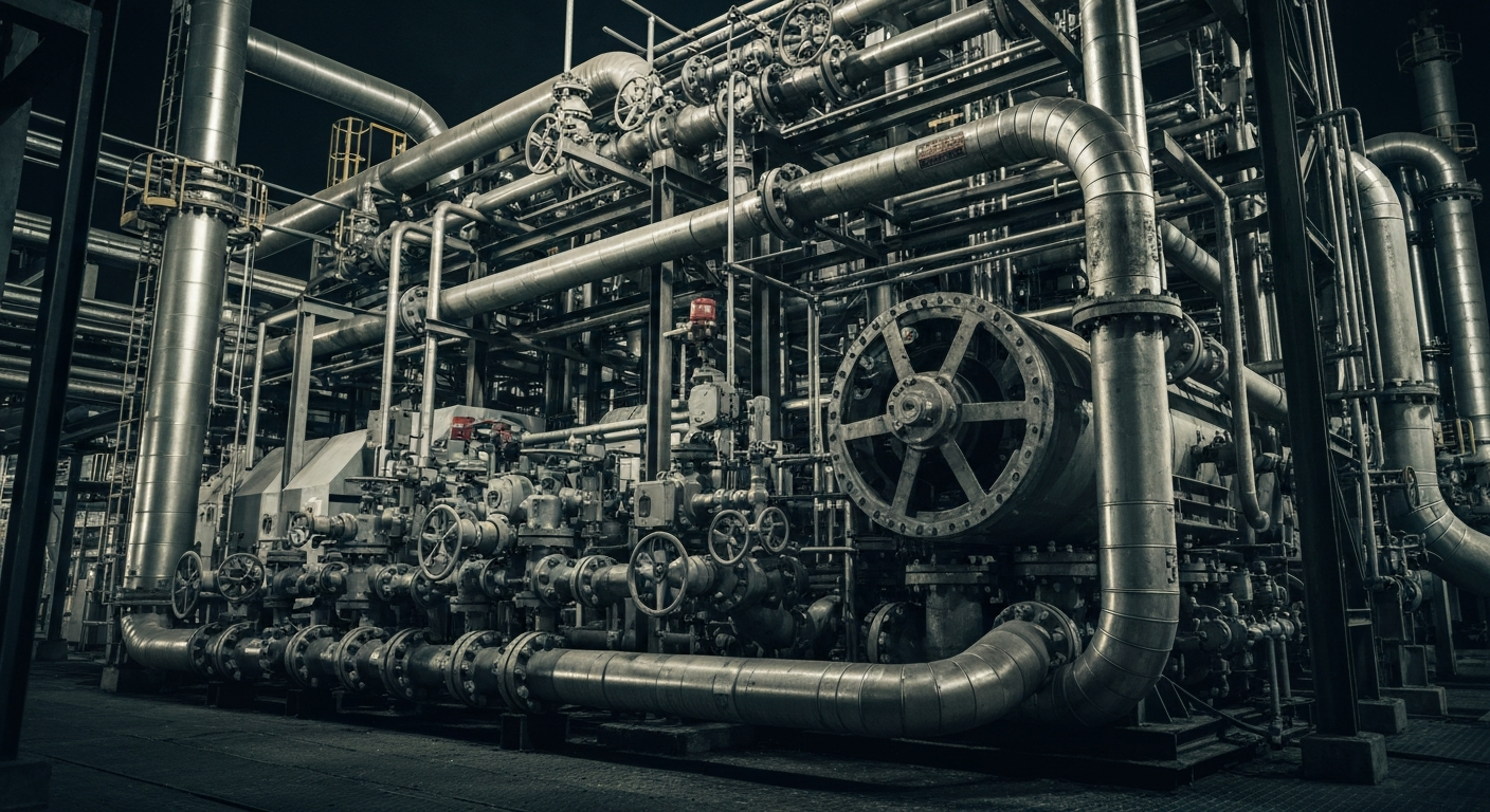 An extreme close-up of a complex, industrial oil and gas facility, with intricate machinery and pipes, conveying the critical importance of this infrastructure to the global economy.