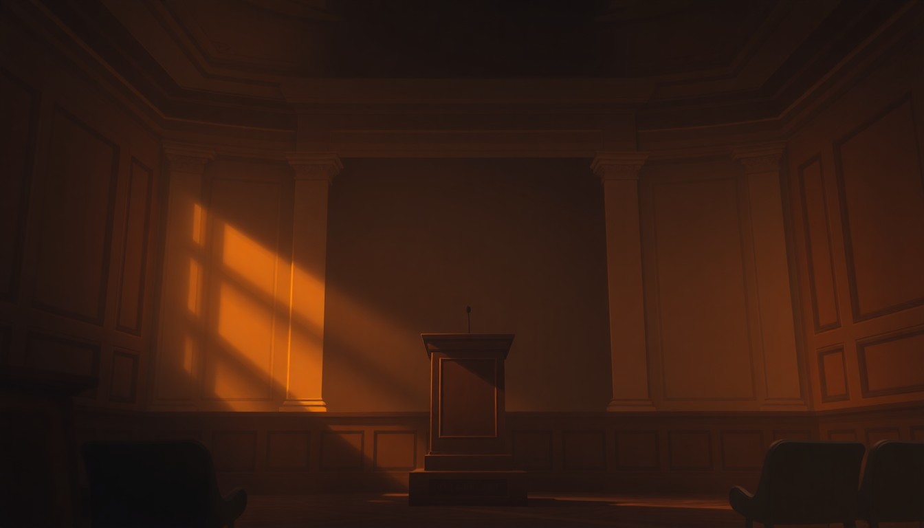 A dimly lit, cinematic painting of a solitary podium or lectern in a political chamber, with warm, diagonal sunlight and deep shadows, conceptually representing the intimate, exclusive nature of the Republican Women of Madison's Senate candidate forum.