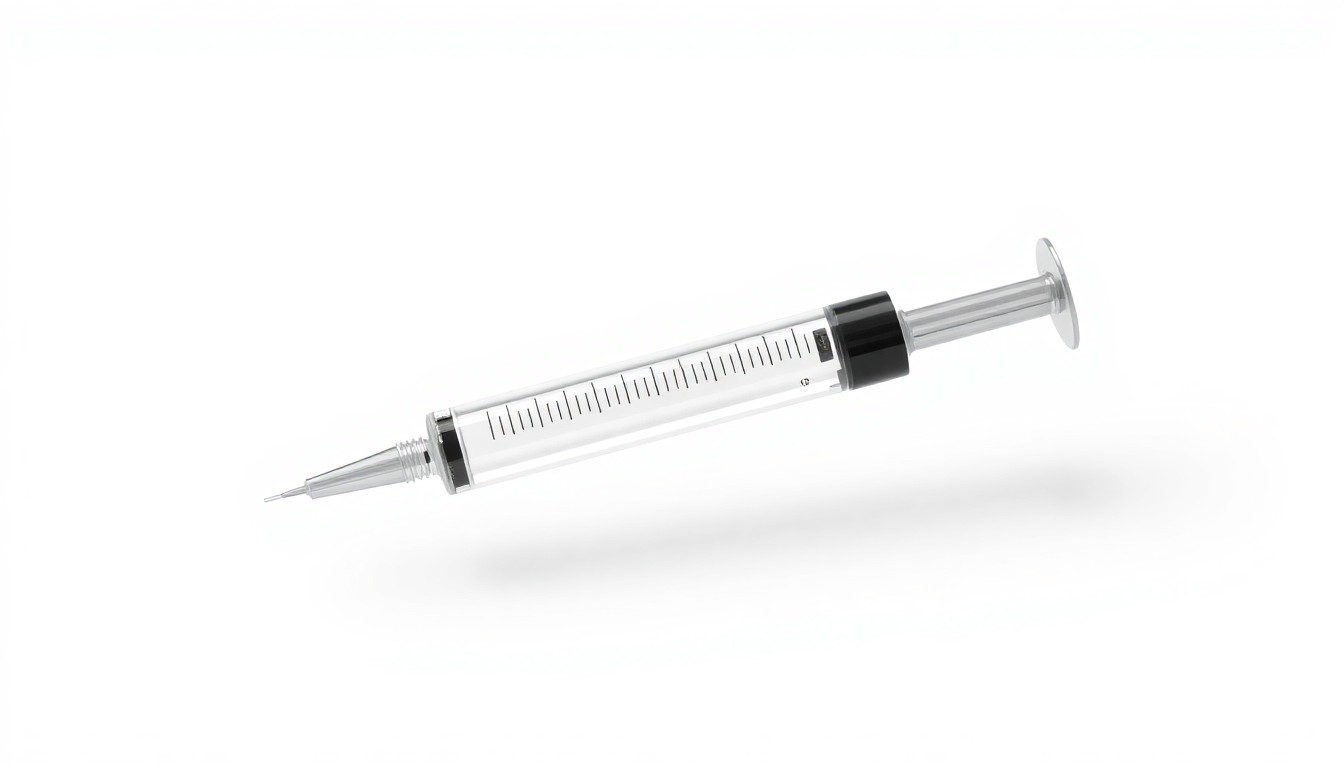 A photorealistic studio still life featuring a single, polished metal syringe floating on a clean white background, conceptually representing the regulatory and safety challenges facing a pharmaceutical drug candidate.