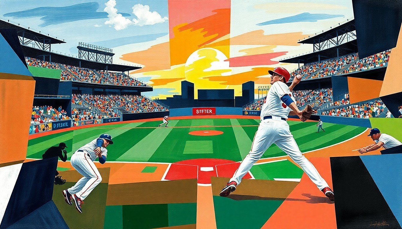 A fragmented, geometric painting depicting a baseball game, with the players and field broken down into abstract shapes and planes of vibrant color.