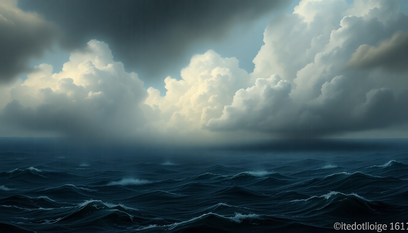 A vast, atmospheric landscape painting in muted blues, grays, and whites, depicting a stormy seascape with dramatic clouds and heavy rain obscuring the horizon, conveying the overwhelming power and sublime scale of the natural forces at play.