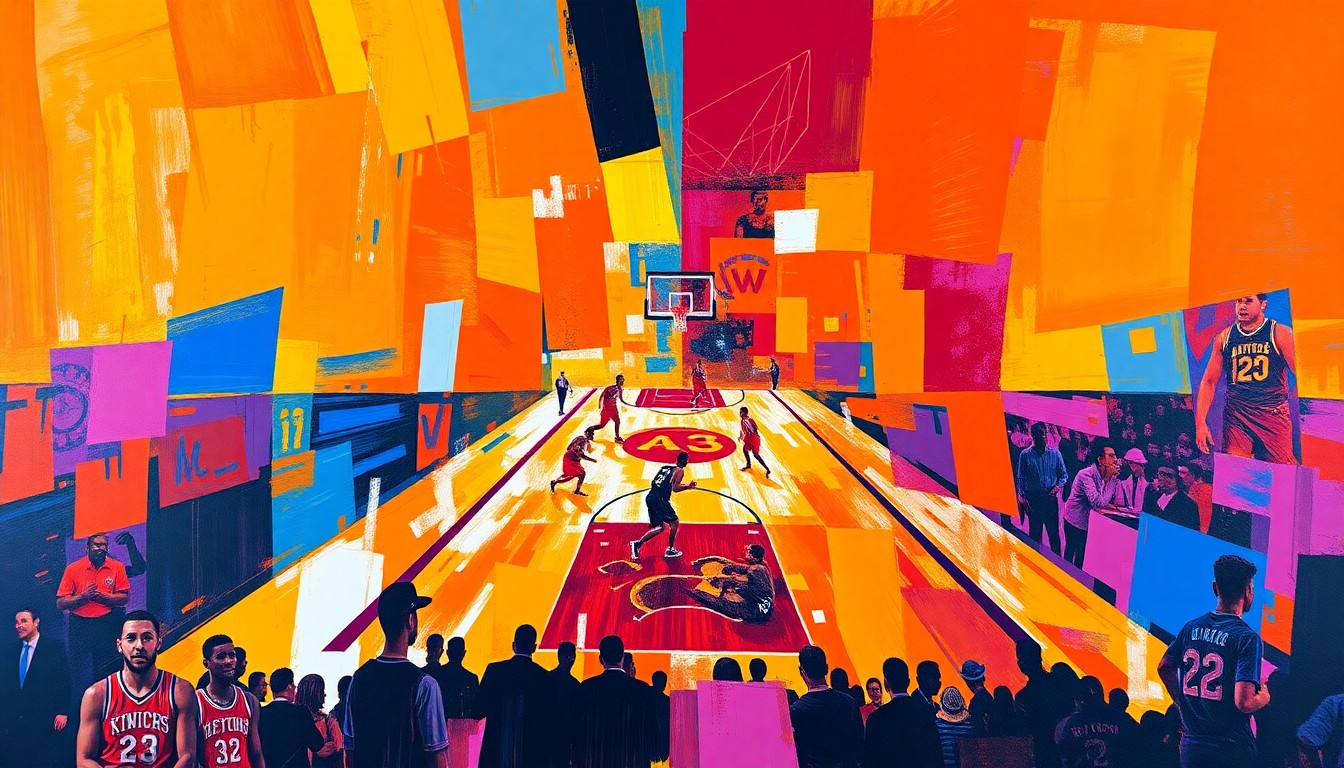 An abstract, cubist-style painting depicting the dynamic action of a basketball game, with overlapping geometric shapes and planes in the colors of the Knicks and Raptors uniforms.