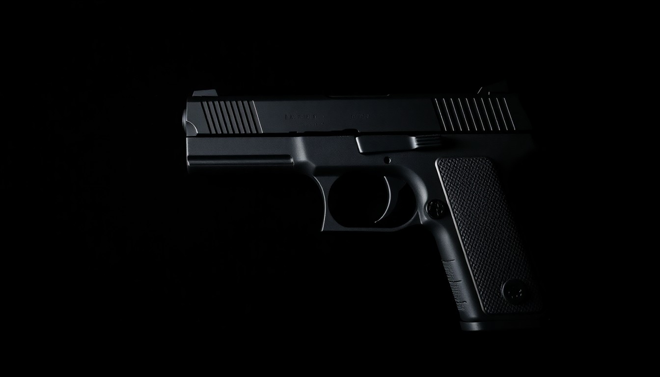 An extreme close-up photograph of a semiautomatic pistol grip against a pitch-black background, lit by a harsh, direct camera flash, conceptually representing the dangerous weapon used in the school shooting.