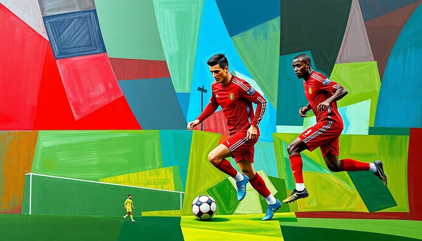 A cubist, geometric painting depicting the dynamic movements and interactions of two soccer players, with sharp, overlapping planes of color representing the energy and intensity of their play.