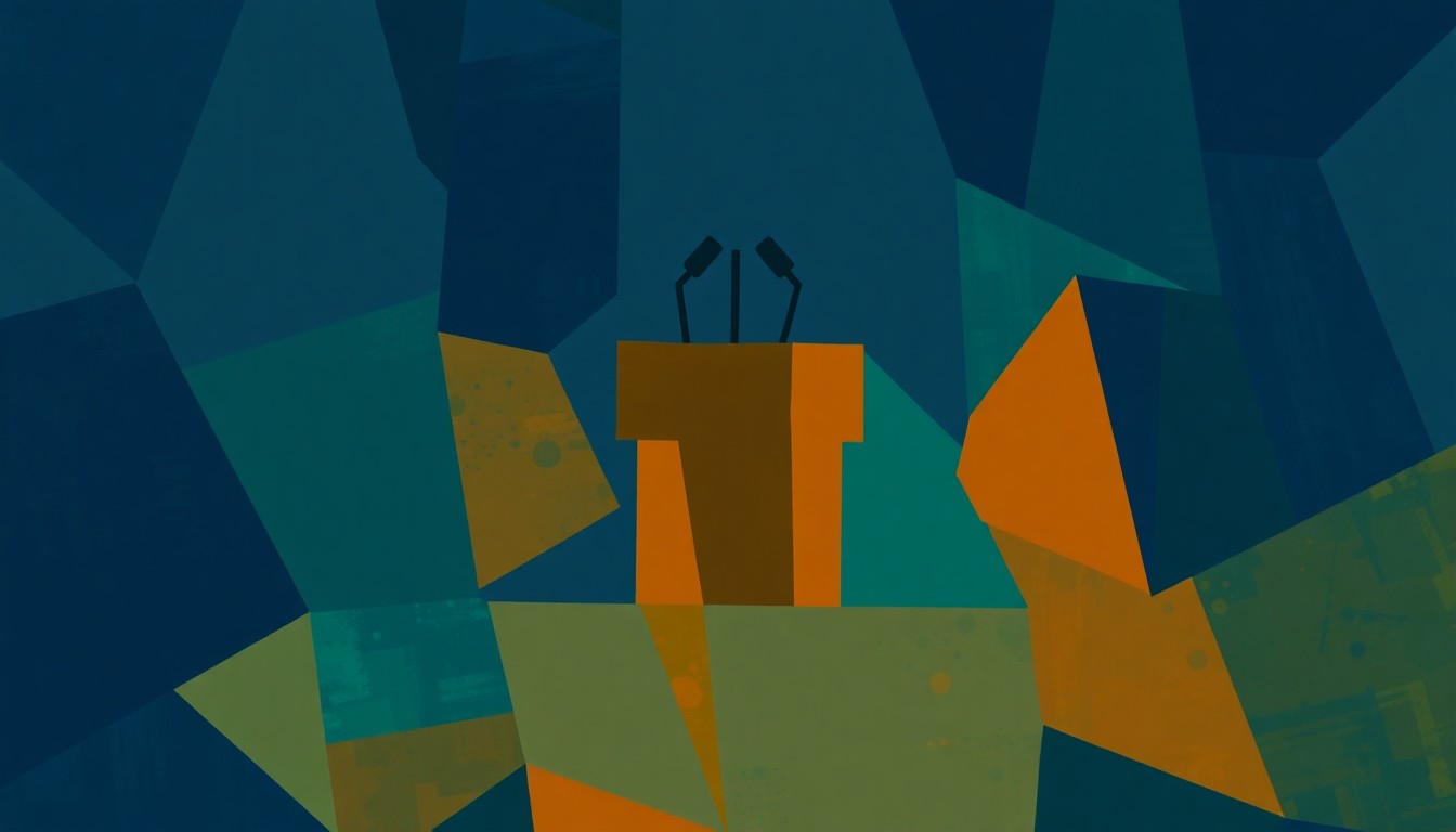 A dynamic, fragmented painting featuring overlapping geometric shapes in navy, green, and orange hues, conceptually representing the split among conservative lawmakers over the gubernatorial primary.