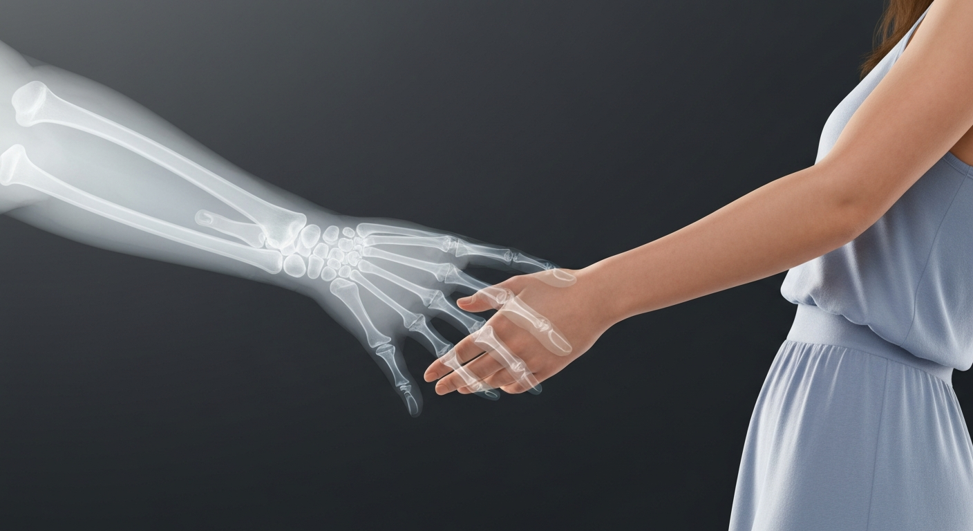 A ghostly, translucent X-ray image of an elderly woman's hand reaching out to hold the hand of a younger woman, representing the emotional connection between a mother and daughter reunited during the pandemic.