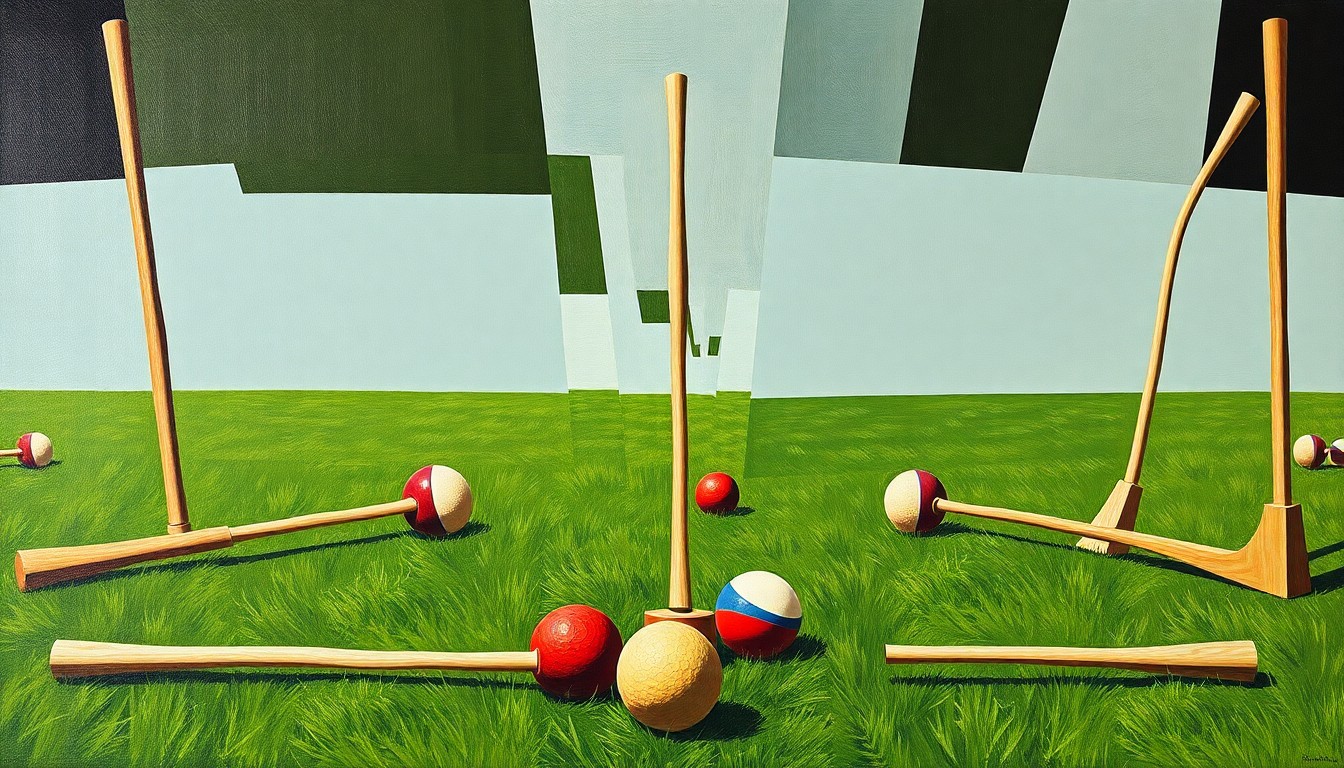 A cubist, geometric painting depicting the dynamic action of a croquet match, with overlapping planes of green grass, wooden mallets, and colorful balls.