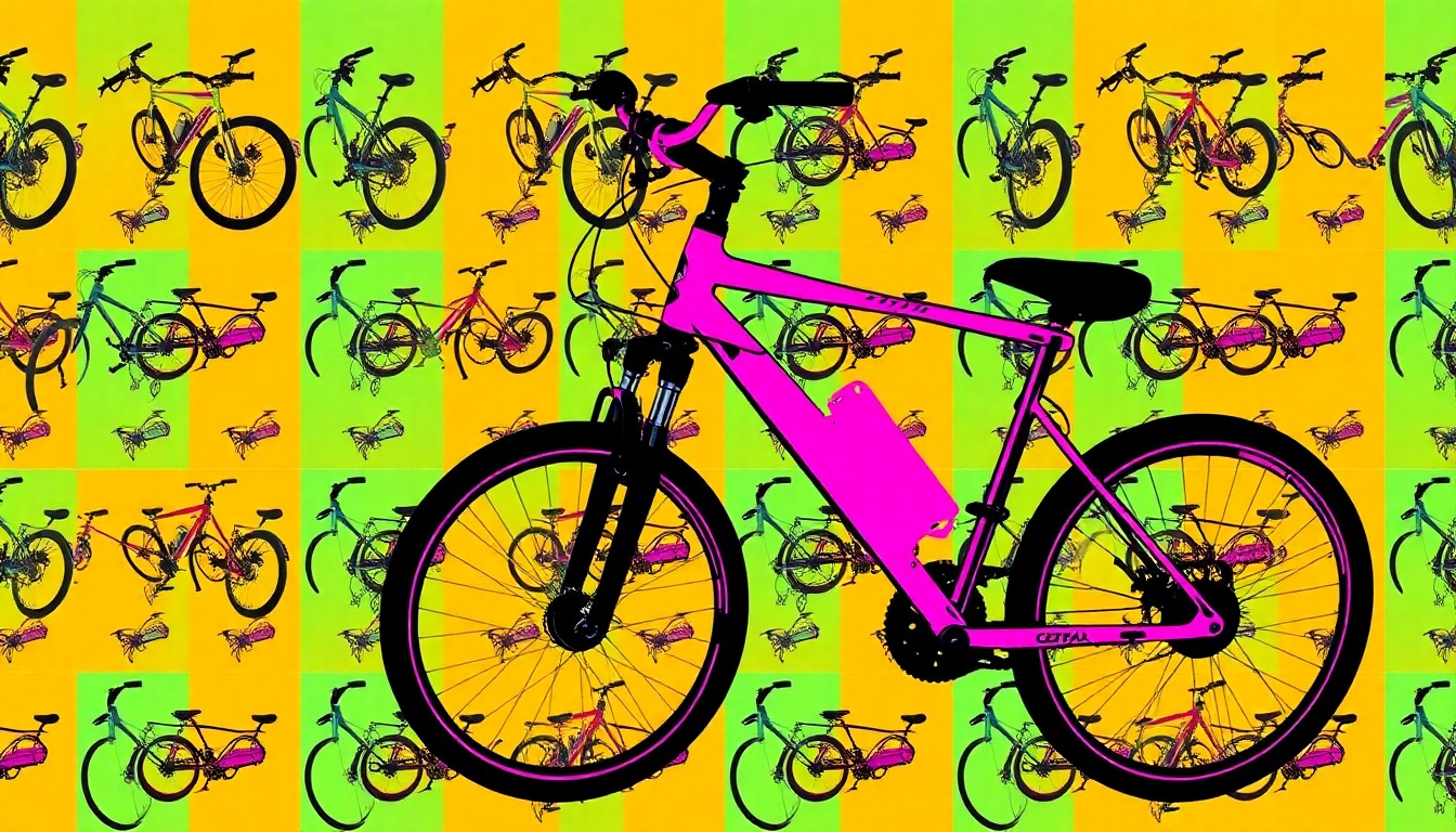 A bold, graphic grid of stylized e-bike components in neon colors, conceptually representing the surge of e-bike use and the need for safety education among young riders.