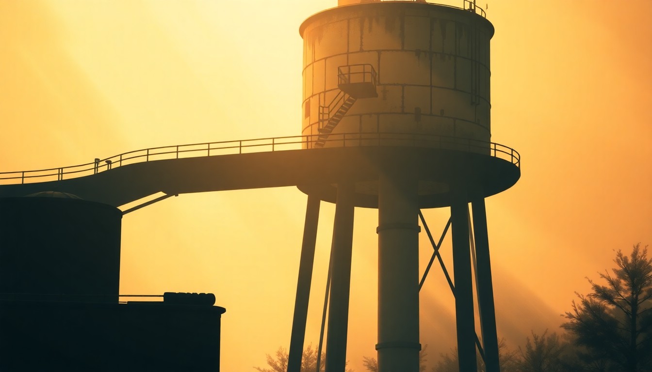 A serene, cinematic painting of an old, weathered water tower or reservoir structure, its metal surfaces and concrete walls bathed in warm, diagonal sunlight and deep shadows, conveying a sense of civic infrastructure and community resilience.