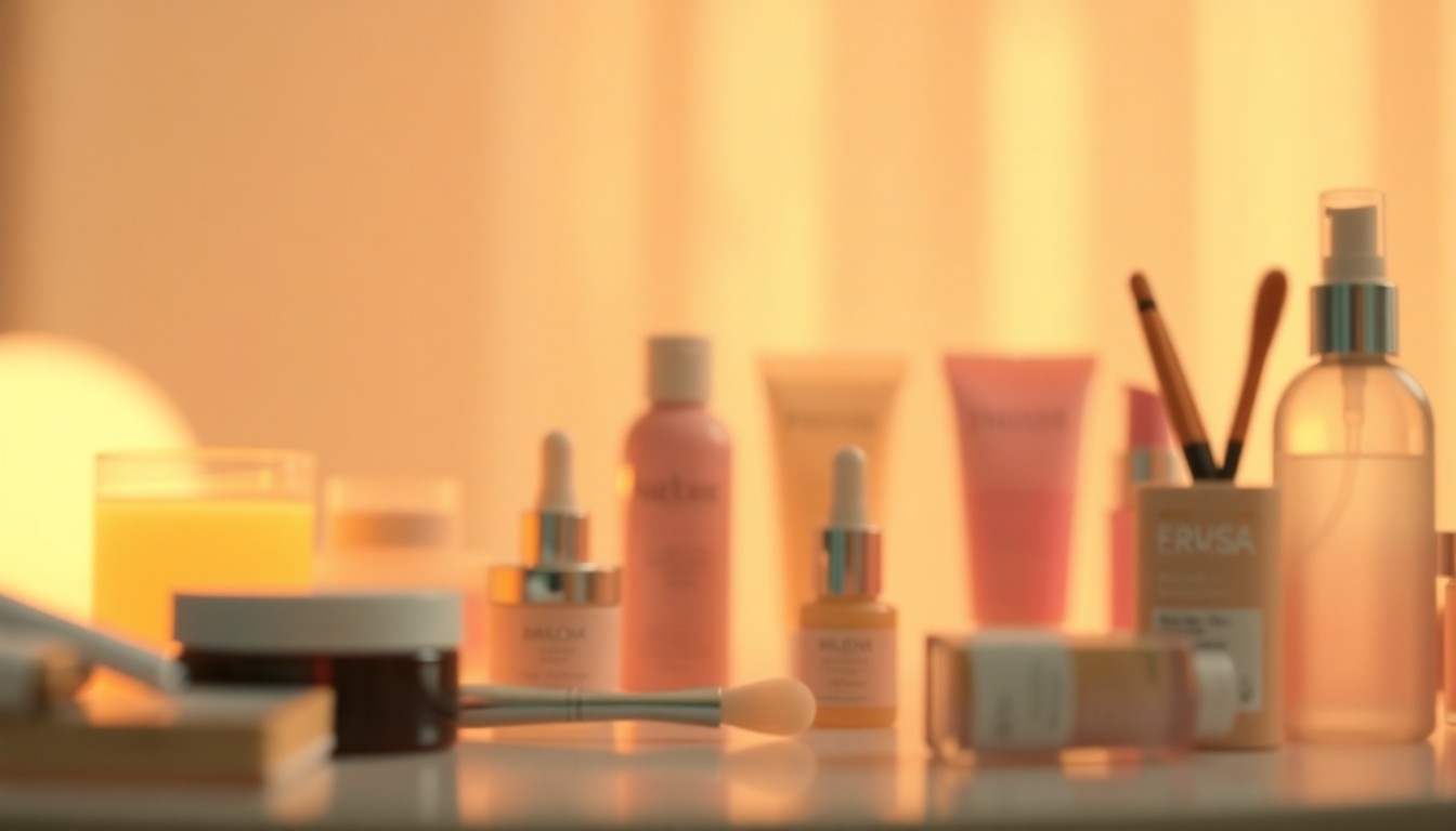 An abstract, impressionistic image featuring blurred, pastel-colored shapes and silhouettes of beauty products, conveying a sense of relaxation and self-care.