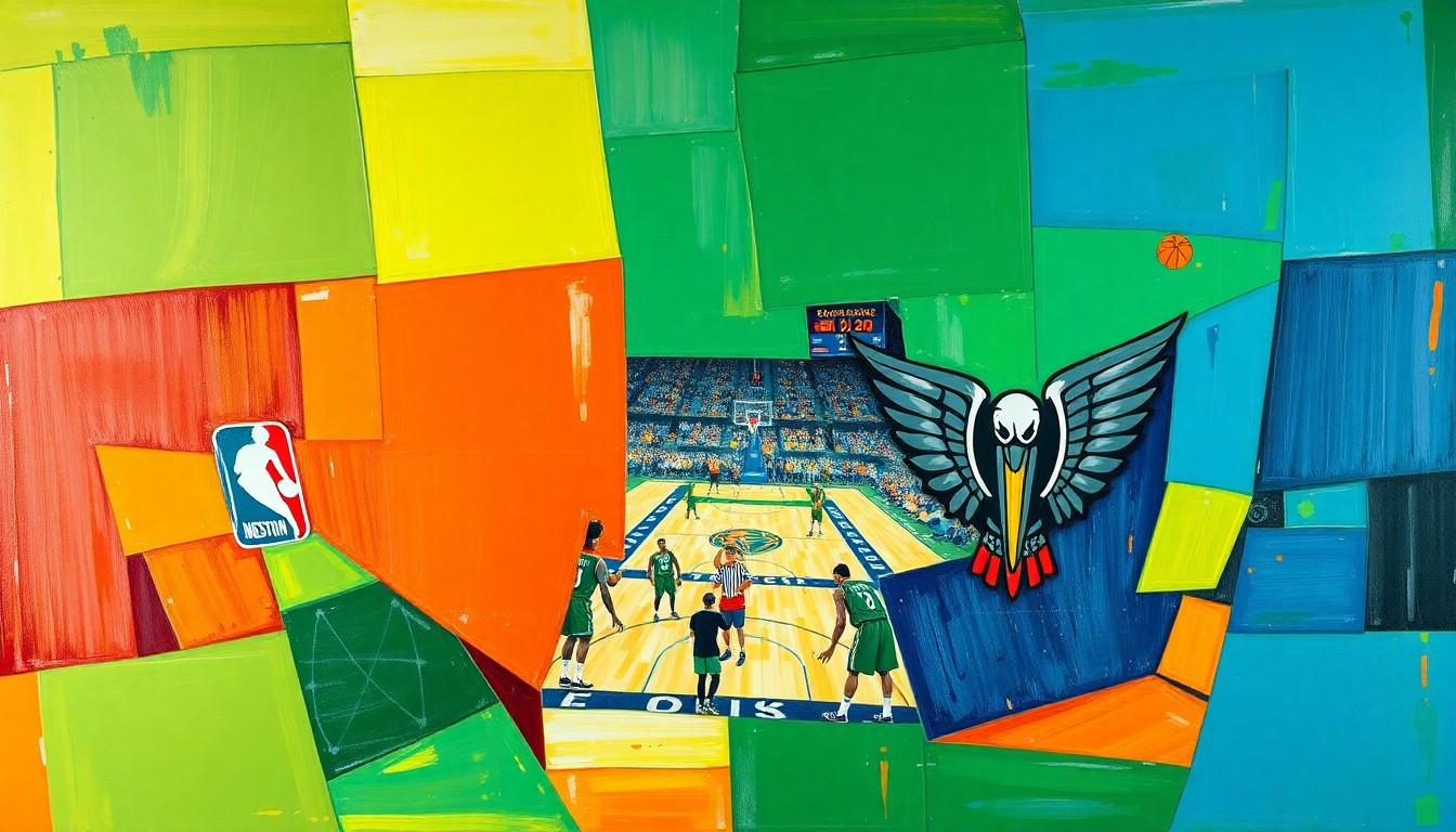 A fractured, cubist-style painting depicting the action of a basketball game, with sharp geometric shapes in vibrant greens, blues, and oranges representing the players and court.
