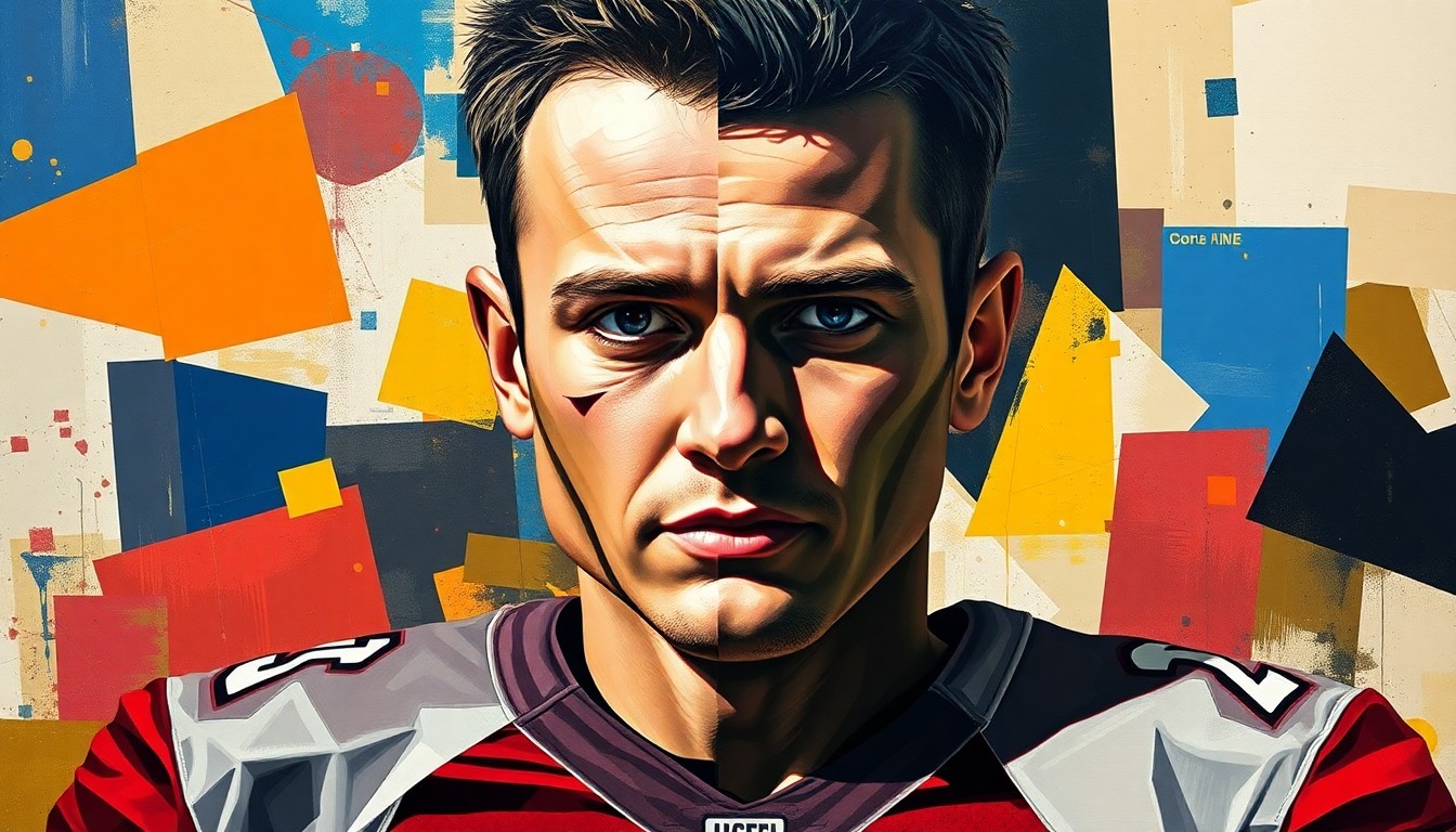 A fragmented, multi-angled painting depicting a college football quarterback's face and jersey broken down into sharp, geometric shapes and planes, with abstract background elements representing the various factors influencing his decision to return to school or enter the NFL.
