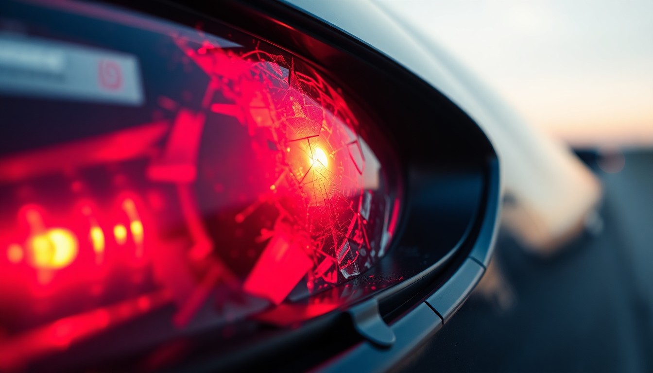 An extreme close-up of a shattered car sensor lens reflecting a faint red light, conceptually illustrating the vandalism of self-driving cars.