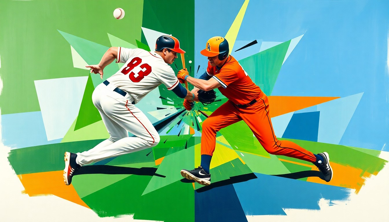 A fragmented, geometric painting depicting the overlapping movements and perspectives of two baseball players colliding, using bold colors and abstract shapes to convey the intensity of the moment.