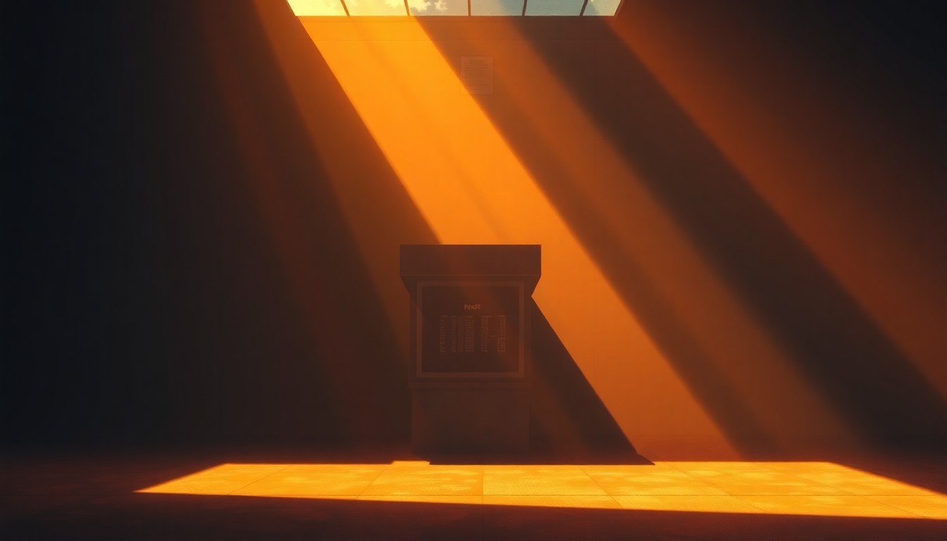 A dimly lit, cinematic painting of a lone sports betting terminal or kiosk, its surfaces reflecting the warm glow of diagonal sunlight, conveying a sense of quiet contemplation around the complex social impacts of expanded gambling.