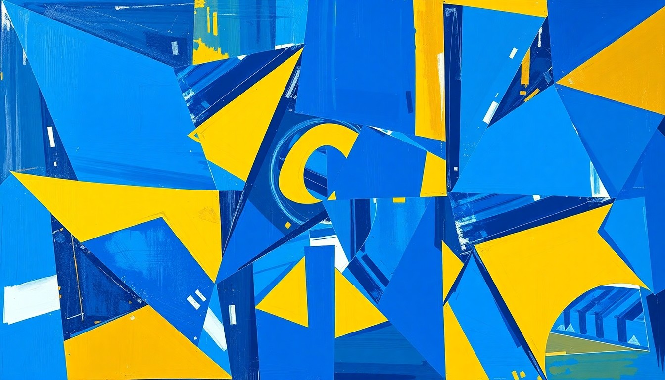 A fragmented, geometric painting in bold blues, golds, and whites, conceptually representing the complex roster changes facing the Colorado Buffaloes basketball program.