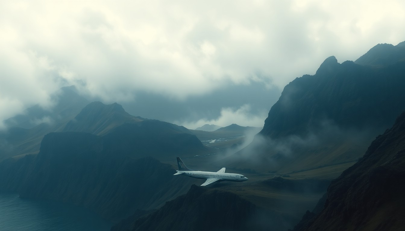 A sweeping, atmospheric landscape painting in muted tones of gray, blue, and green, depicting the fog-shrouded hills and cliffs of Catalina Island. The scene conveys a sense of the island's overwhelming natural scale, with no visible signs of the crashed plane.