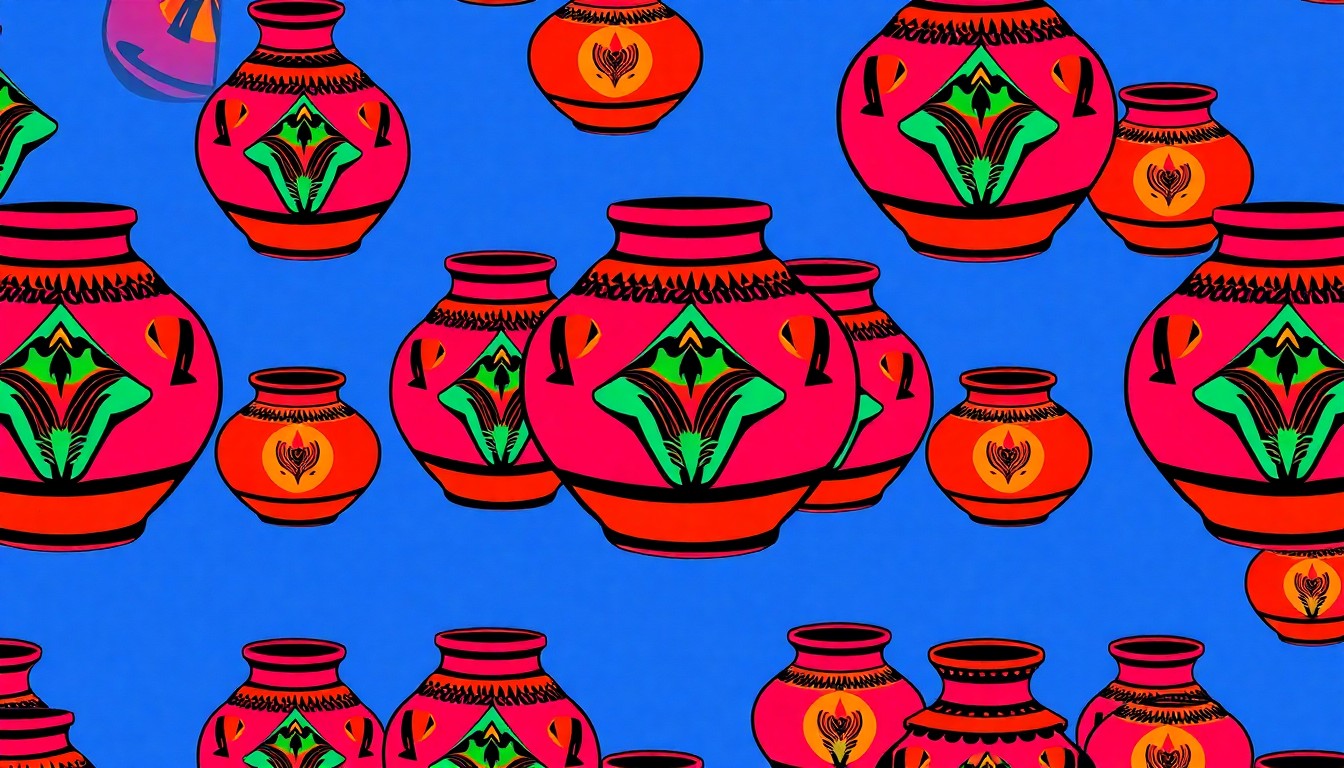 A bold, colorful silkscreen-style illustration featuring a traditional Native American pottery vessel repeated in a grid pattern, using vibrant neon colors and heavy black outlines to create a modern pop art aesthetic.