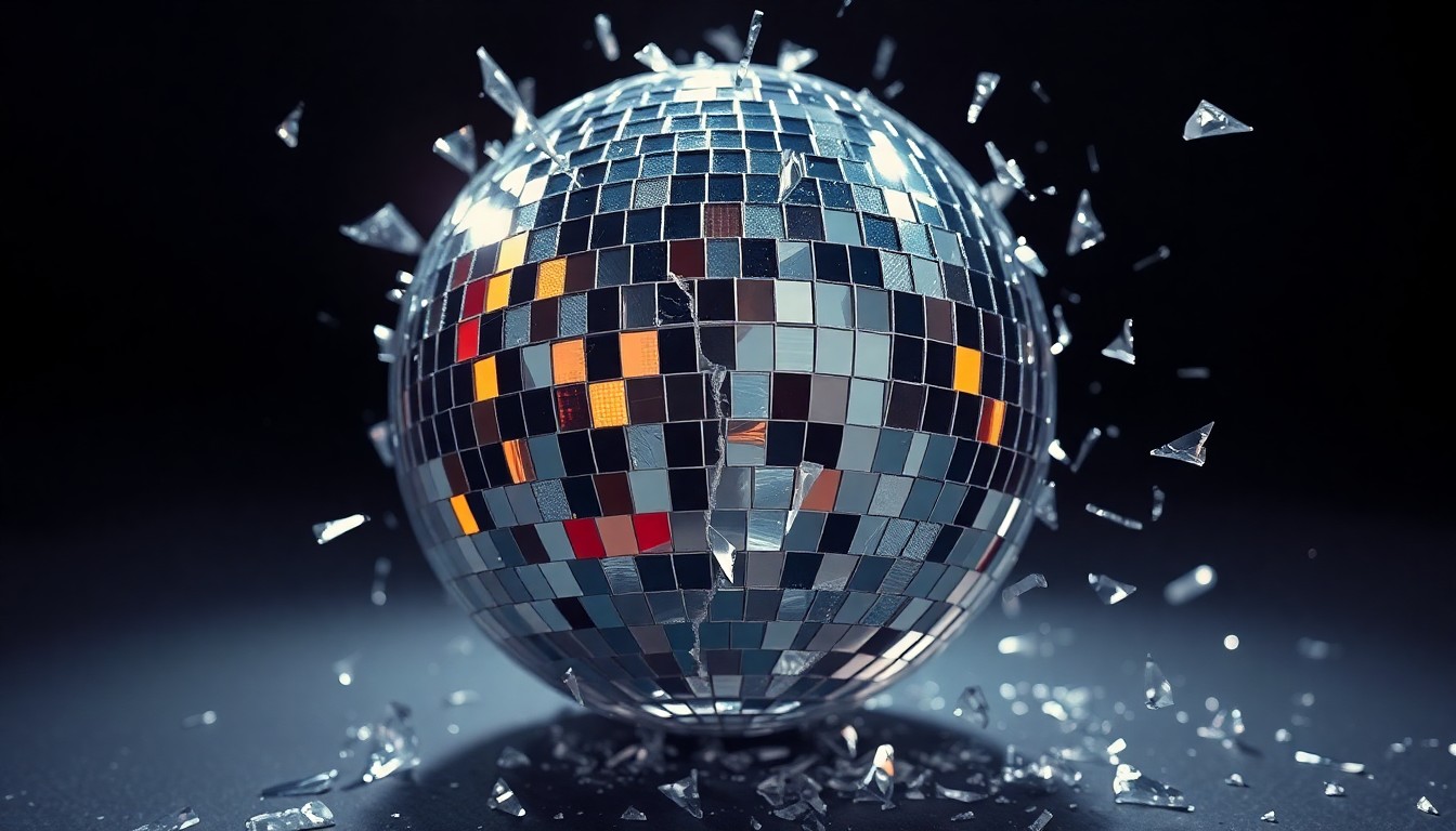 An extreme close-up photograph of a cracked and shattered disco ball, reflecting shards of light in a high-contrast, high-glamour studio setting, conceptually representing the fragility and disruption faced by the Lambrini Girls.