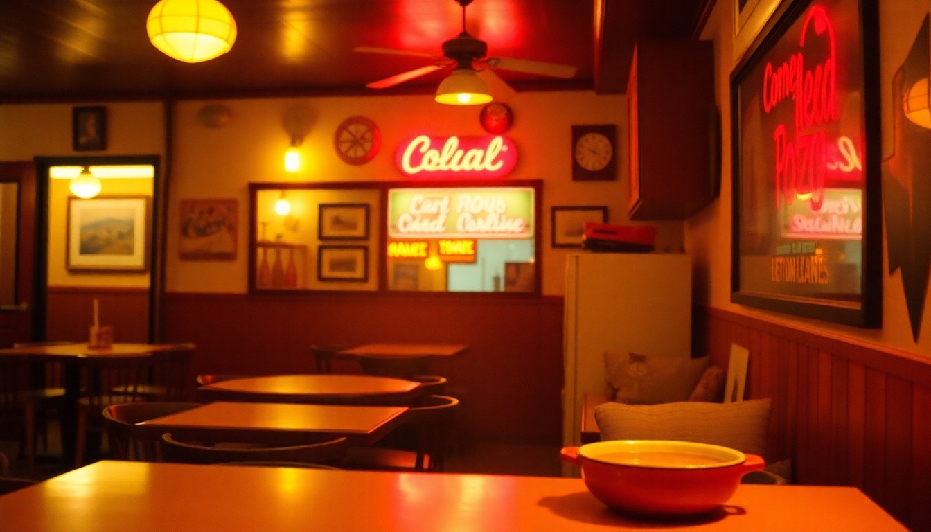 A softly focused, atmospheric photograph in warm tones, capturing the inviting ambiance of a local restaurant serving homemade pozole soup.
