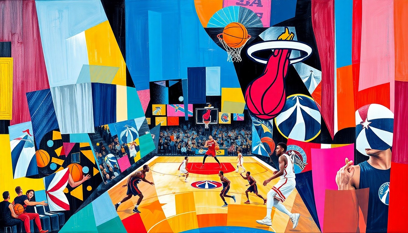 A fragmented, geometric painting depicting a basketball game between the Miami Heat and Washington Wizards, with the players and action broken down into sharp, overlapping shapes and planes of color.