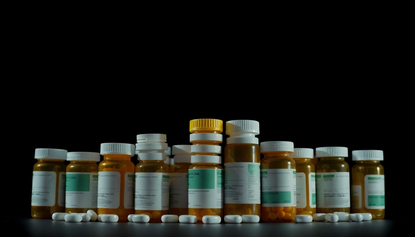 An extreme close-up photograph of a stack of prescription pill bottles against a pitch-black background, lit by a harsh, direct camera flash, conceptually illustrating the stark reality of healthcare fraud.
