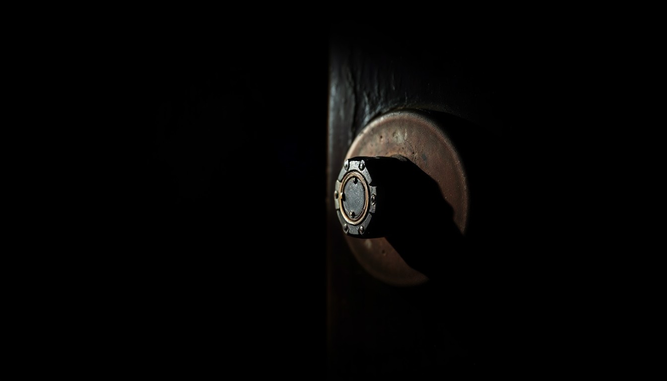 An extreme close-up photograph of a broken lock or damaged door handle from the abandoned Burbank Theater, lit by a harsh, direct camera flash against a pitch-black background, conceptually illustrating the aftermath of the unsanctioned teen party.