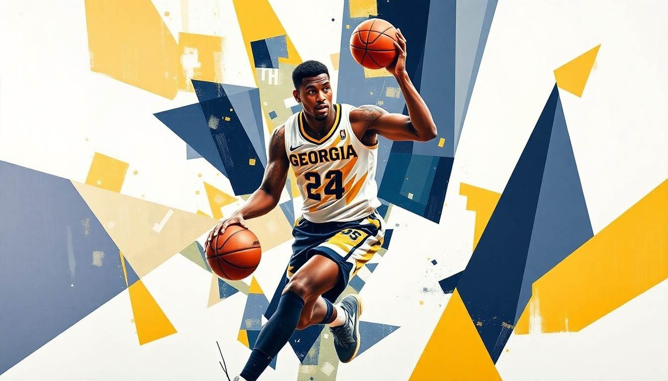 A cubist, geometric painting depicting the movements and energy of a basketball player in shades of gold, white, and navy blue, representing Georgia Tech's new 2026 recruit Haiden Harper.