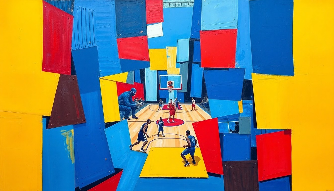 A cubist-style painting depicting a basketball game, with the players and court broken down into sharp, overlapping geometric shapes in a vibrant color palette of blue, red, and yellow.