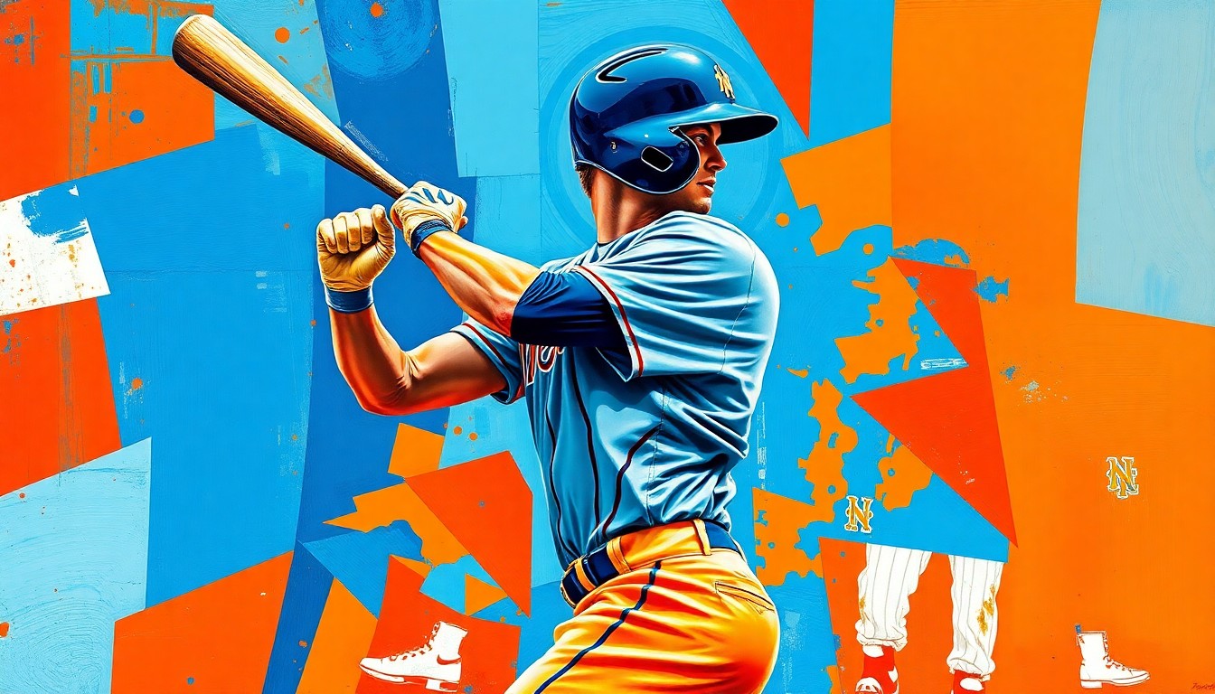 A cubist, geometric painting depicting a baseball player swinging a bat, with the player's form broken into overlapping planes of blue, orange, and white, capturing the dynamic motion of the swing.