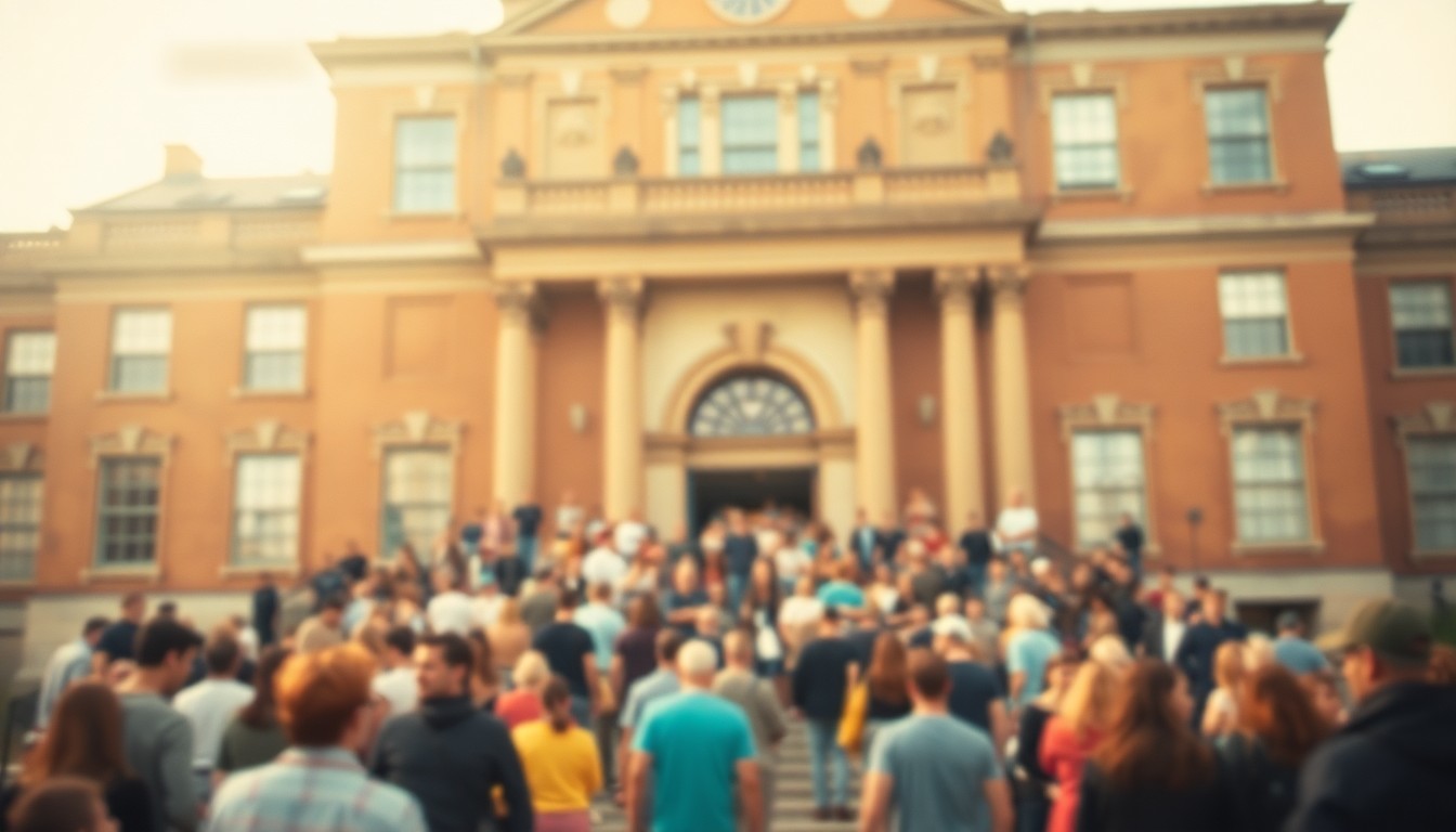 An impressionistic, out-of-focus photograph in soft, warm tones depicting a crowd of people gathered on the steps of a historic school building, the details blurred into abstract shapes and colors that capture the celebratory mood of the event.