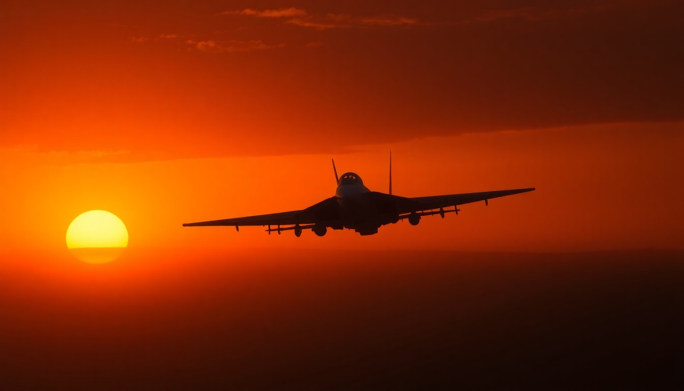 A serene, cinematic painting of a solitary fighter jet silhouetted against a warm, golden sunset sky, its form bathed in deep shadows, conveying a sense of quiet contemplation and the gravity of the commandant's role in shaping the future of the Air Force.