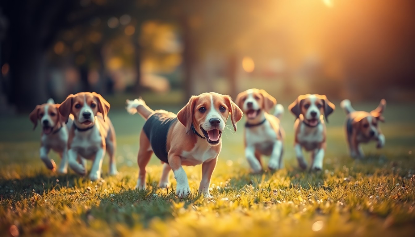 An abstract, impressionistic photograph of several beagles playing in a park, with soft, blurred edges and warm, glowing pools of light creating a dreamlike, nostalgic scene.