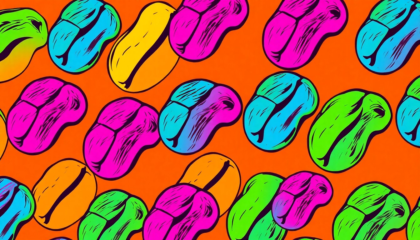 A bold, colorful silkscreen print featuring a repeating pattern of peanut shells in vibrant neon hues, conceptually representing the festival's commitment to supporting young people in the Dothan area.