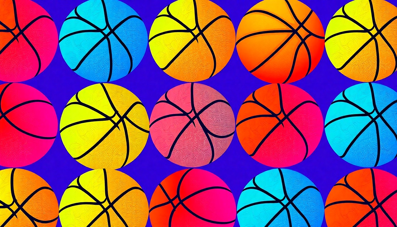 A bold, colorful silkscreen-style illustration featuring a repeating pattern of a basketball in bright neon shades, conceptually representing the excitement and competitive spirit of the Midland Empire Conference's expansion.