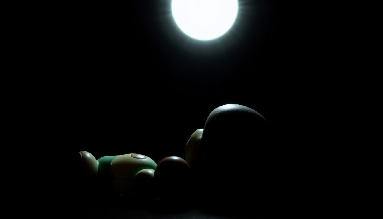 An extreme close-up photograph of a small, worn stuffed animal against a pitch-black background, conceptually representing the loss of a young life and the gritty investigation into her death.
